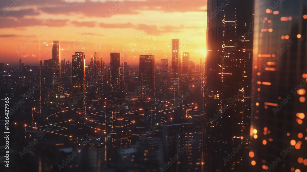 Fototapeta premium Smart Innovation city with connection cyber security network reciprocity over the sunset cityscape future wireless digital city and social media networking systems that connects people in the city