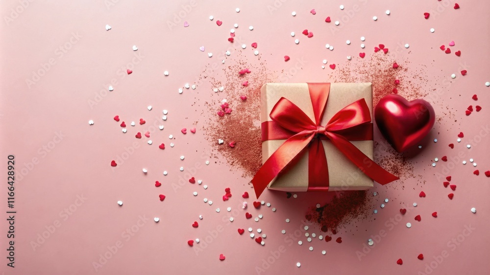 Romantic gift presentation with red ribbon and heart-shaped confetti Romantic gift presentation with red ribbon and heart-shaped confetti