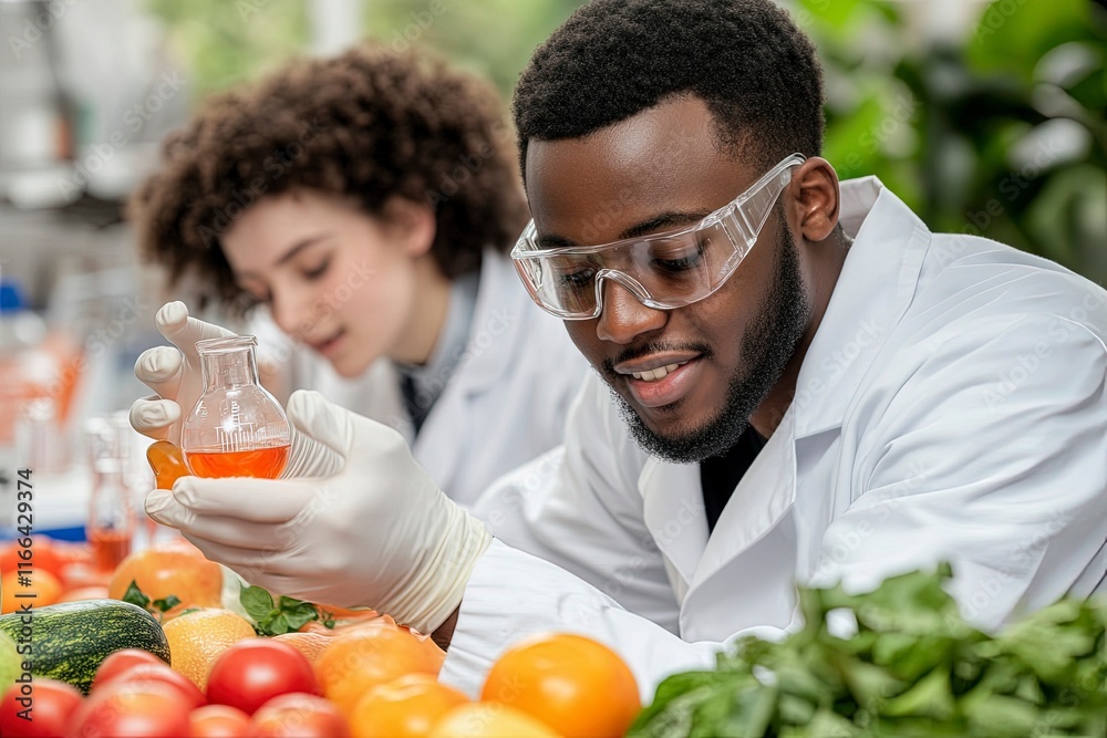 Young Scientists Examining Fruits in Laboratory Setting Young Scientists Examining Fruits in Laboratory Setting