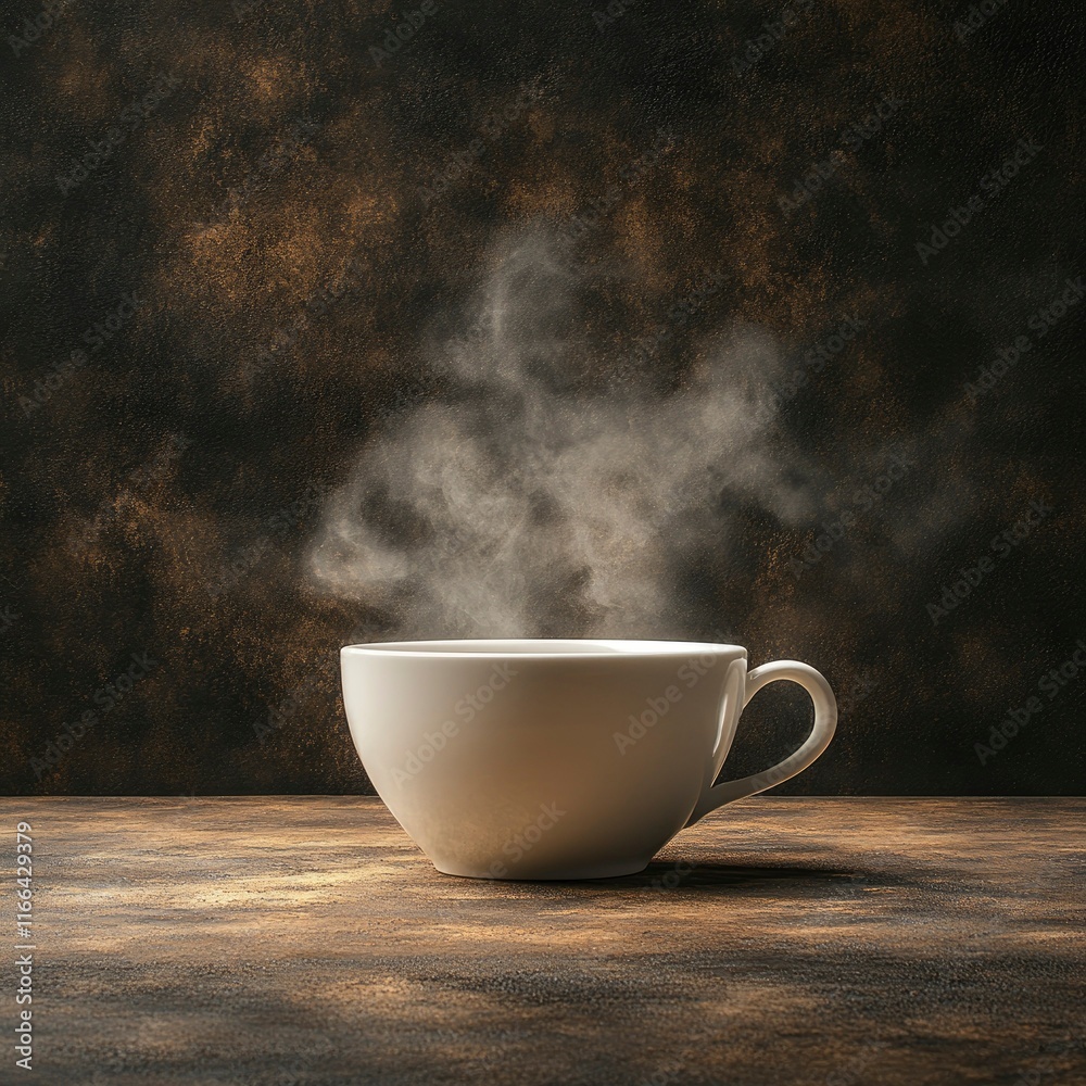 Obraz premium Steaming Hot Drink in White Mug on Rustic Wooden Table