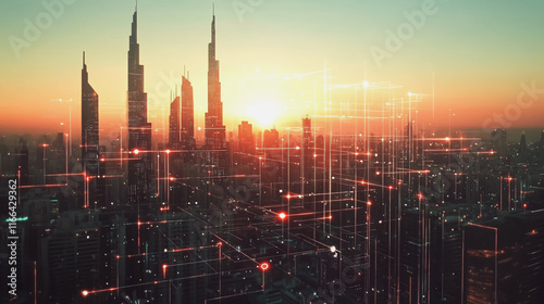 Wallpaper Mural Smart Innovation city with connection cyber security network reciprocity over the sunset cityscape future wireless digital city and social media networking systems that connects people in the city Torontodigital.ca