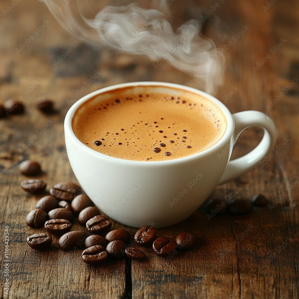 Aromatic Cup of Espresso Coffee with Roasted Beans on Rustic Wooden Table Aromatic Cup of Espresso Coffee with Roasted Beans on Rustic Wooden Table