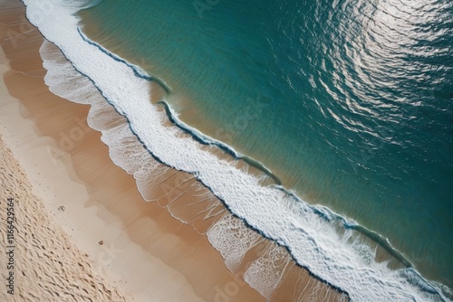 araffe view of a beach with a surfboard and a body of water photo