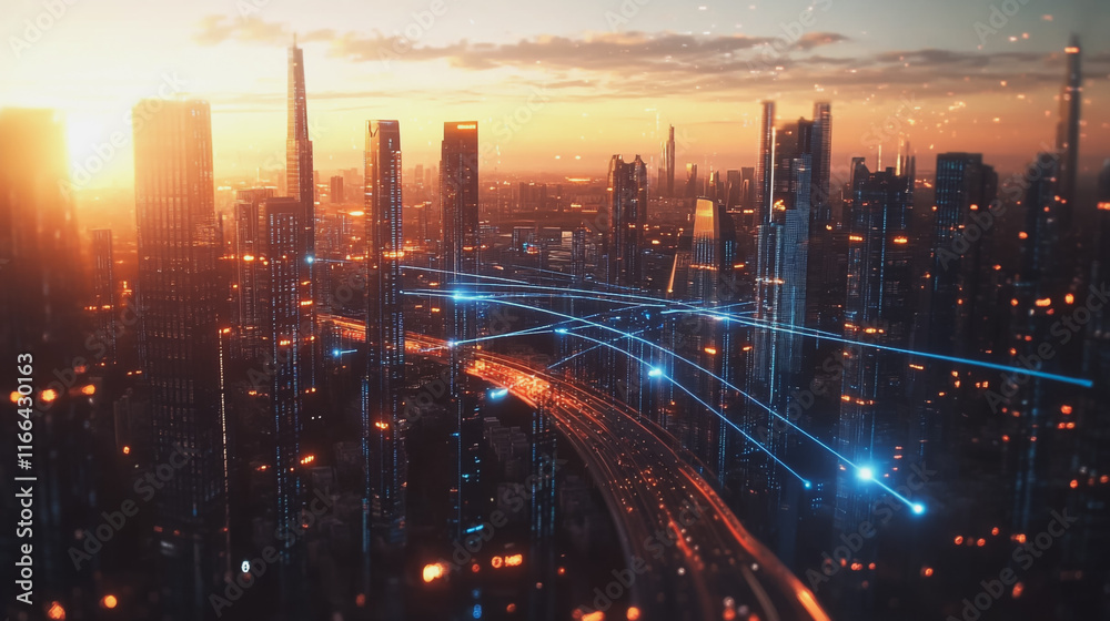 Fototapeta premium Smart Innovation city with connection cyber security network reciprocity over the sunset cityscape future wireless digital city and social media networking systems that connects people in the city