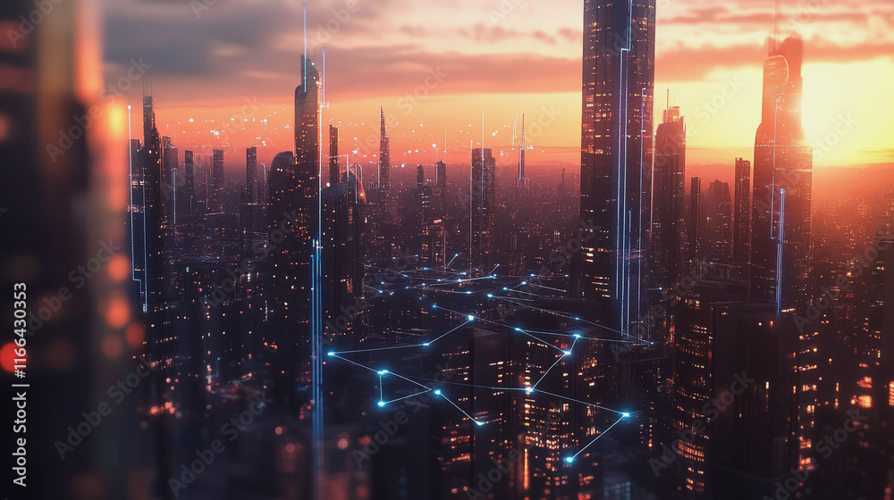 Fototapeta premium Smart Innovation city with connection cyber security network reciprocity over the sunset cityscape future wireless digital city and social media networking systems that connects people in the city