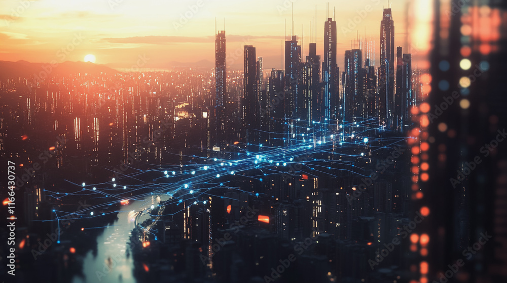 Smart Innovation city with connection cyber security network reciprocity over the sunset cityscape future wireless digital city and social media networking systems that connects people in the city Smart Innovation city with connection cyber security network reciprocity over the sunset cityscape future wireless digital city and social media networking systems that connects people in the city