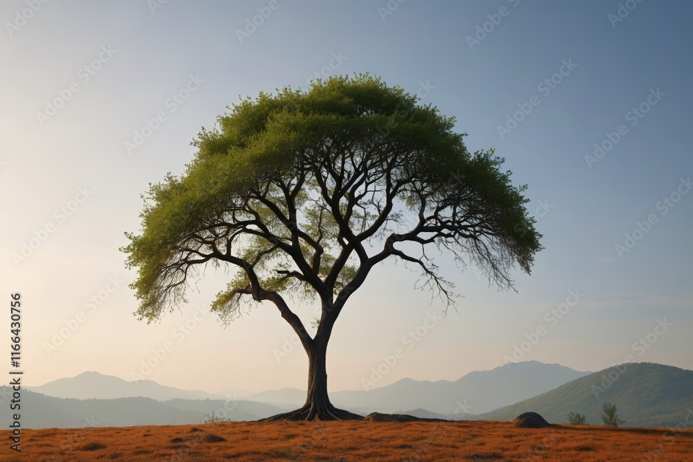 Fototapeta premium there is a lone tree on a hill with mountains in the background