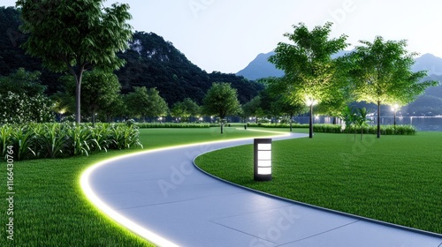 Wallpaper Mural Scenic park pathway illuminated by lamps and surrounded by greenery. Torontodigital.ca