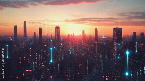 Wallpaper Mural Smart Innovation city with connection cyber security network reciprocity over the sunset cityscape future wireless digital city and social media networking systems that connects people  in the city Torontodigital.ca