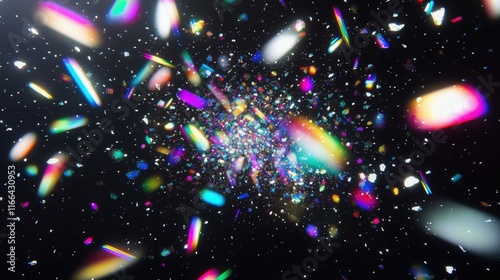 Iridescent Prism Light Effects on Dark Background with Bokeh and Lens Flare Overlay - Colorful Sunlight Refraction and Shiny Glowing Lights