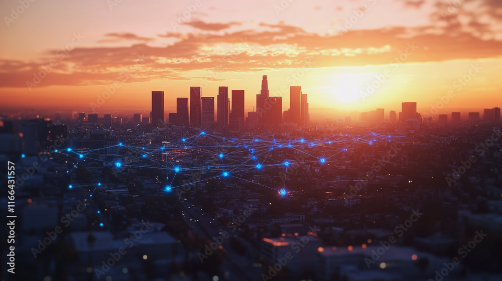 Smart digital Innovation city with connection network reciprocity over the cityscape. of future smart wireless digital city and social media networking systems that connects people with in city