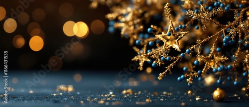 Festive Christmas New Year Banner with Golden Stars, Sparkling Branches, Bokeh Lights on Dark Blue Background for Seasonal Web Design, Social Media, Print Materials