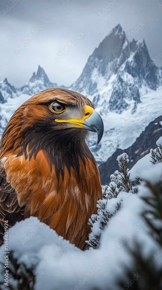 A majestic eagle perched in a snowy landscape with mountains in the background. A majestic eagle perched in a snowy landscape with mountains in the background.