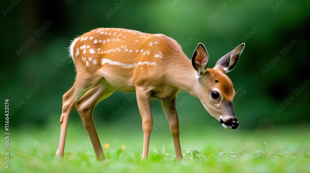 A young deer grazing peacefully in a lush green setting. A young deer grazing peacefully in a lush green setting.