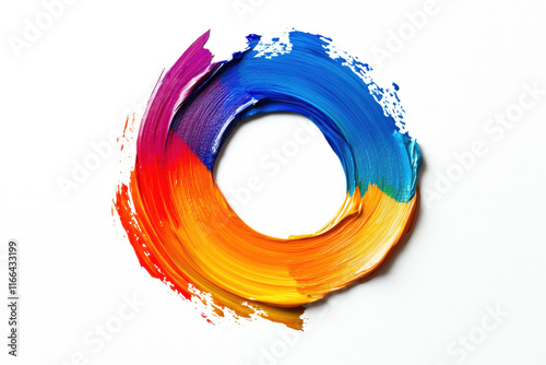 one rainbow color brush strokes isolated on a white background, one circle shape, with an oil color paint texture, in a flat lay composition