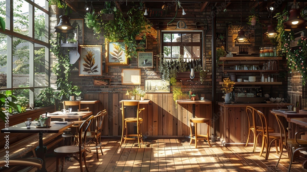 Fototapeta premium Charming Spring Cafe With a Blend of Rustic and Modern Interior Design