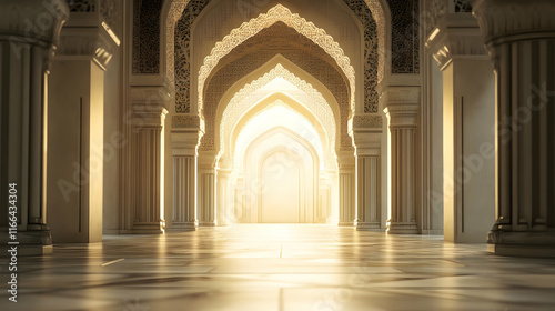 Serene architectural corridor illuminated by soft light.