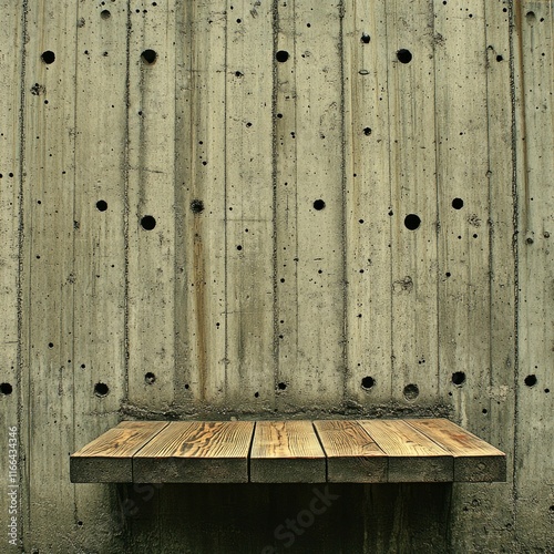 Rustic Wooden Shelf Against Concrete Wall Background