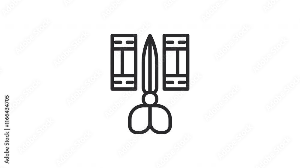 animation of a scissors icon cutting a film strip to edit a film. Graphics suitable for filmmaking, video production, film editing tutorials or film related designs animation of a scissors icon cutting a film strip to edit a film. Graphics suitable for filmmaking, video production, film editing tutorials or film related designs