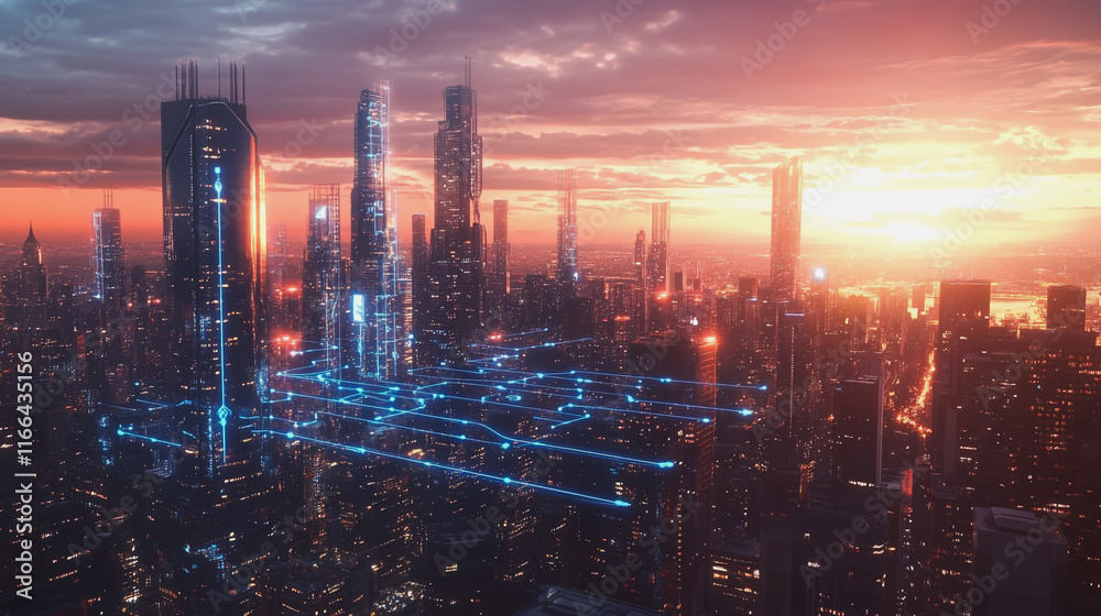 Smart Innovation city with connection cyber security network reciprocity over the sunset cityscape future wireless digital city and social media networking systems that connects people in the city Smart Innovation city with connection cyber security network reciprocity over the sunset cityscape future wireless digital city and social media networking systems that connects people in the city