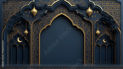 Ornate architectural backdrop with gold accents.
