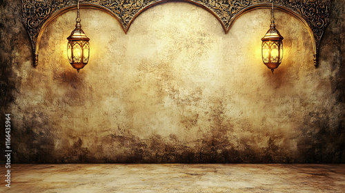 Ornate wall with decorative lanterns and textured background.