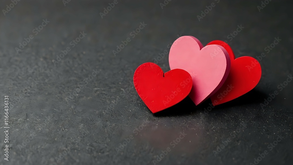 Three wooden hearts, red and pink, rest on a dark textured background, symbolizing love and romance. Perfect for Valentine's Day or romantic themes. Three wooden hearts, red and pink, rest on a dark textured background, symbolizing love and romance. Perfect for Valentine's Day or romantic themes.
