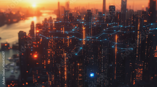 Wallpaper Mural Smart Innovation city with connection cyber security network reciprocity over the sunset cityscape future wireless digital city and social media networking systems that connects people  in the city Torontodigital.ca