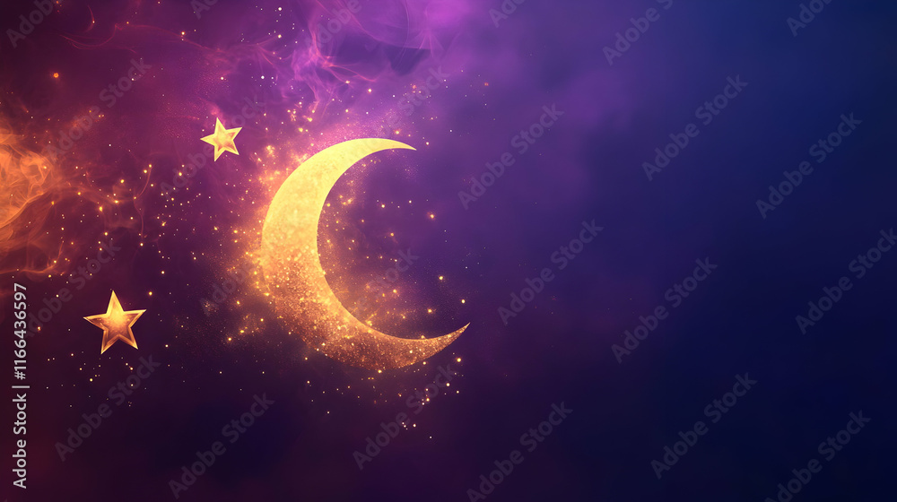 Magical crescent moon with stars in a colorful sky. Magical crescent moon with stars in a colorful sky.