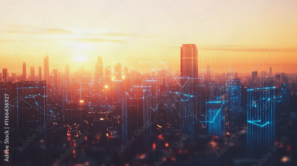 Fototapeta premium Smart Innovation city with connection cyber security network reciprocity over the sunset cityscape future wireless digital city and social media networking systems that connects people in the city