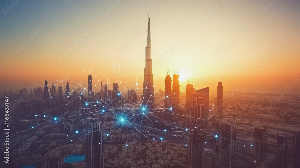 Naklejka premium Smart Innovation city with connection cyber security network reciprocity over the sunset cityscape future wireless digital city and social media networking systems that connects people in the city