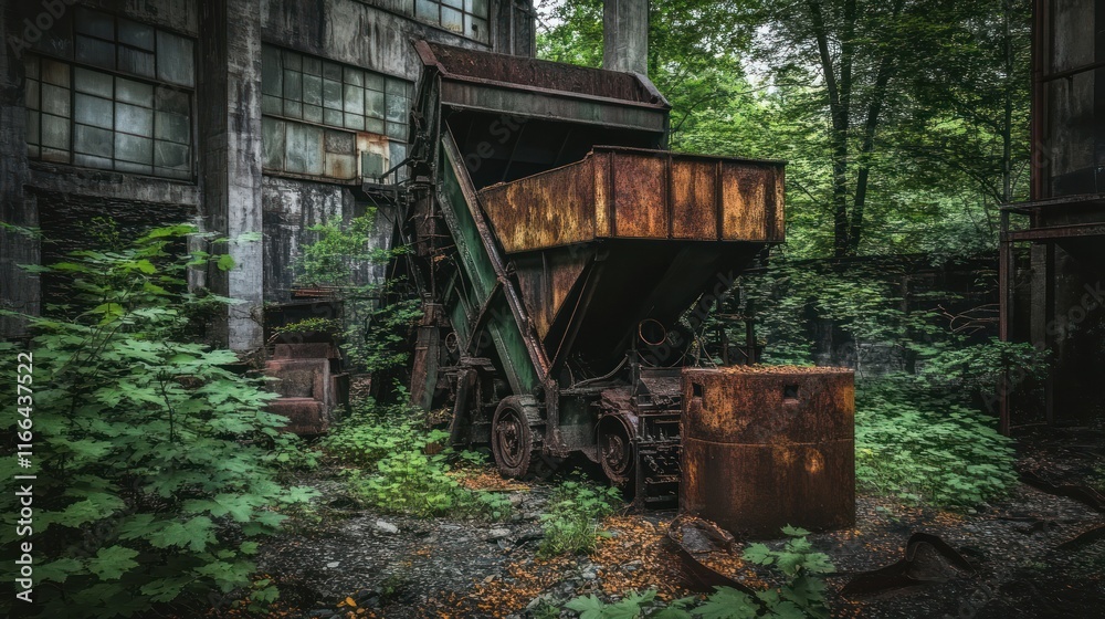 An abandoned industrial site with rusted machinery overtaken by nature. An abandoned industrial site with rusted machinery overtaken by nature.