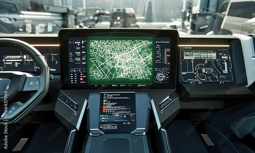 Futuristic vehicle interior featuring advanced digital displays and a sleek design. Futuristic vehicle interior featuring advanced digital displays and a sleek design.