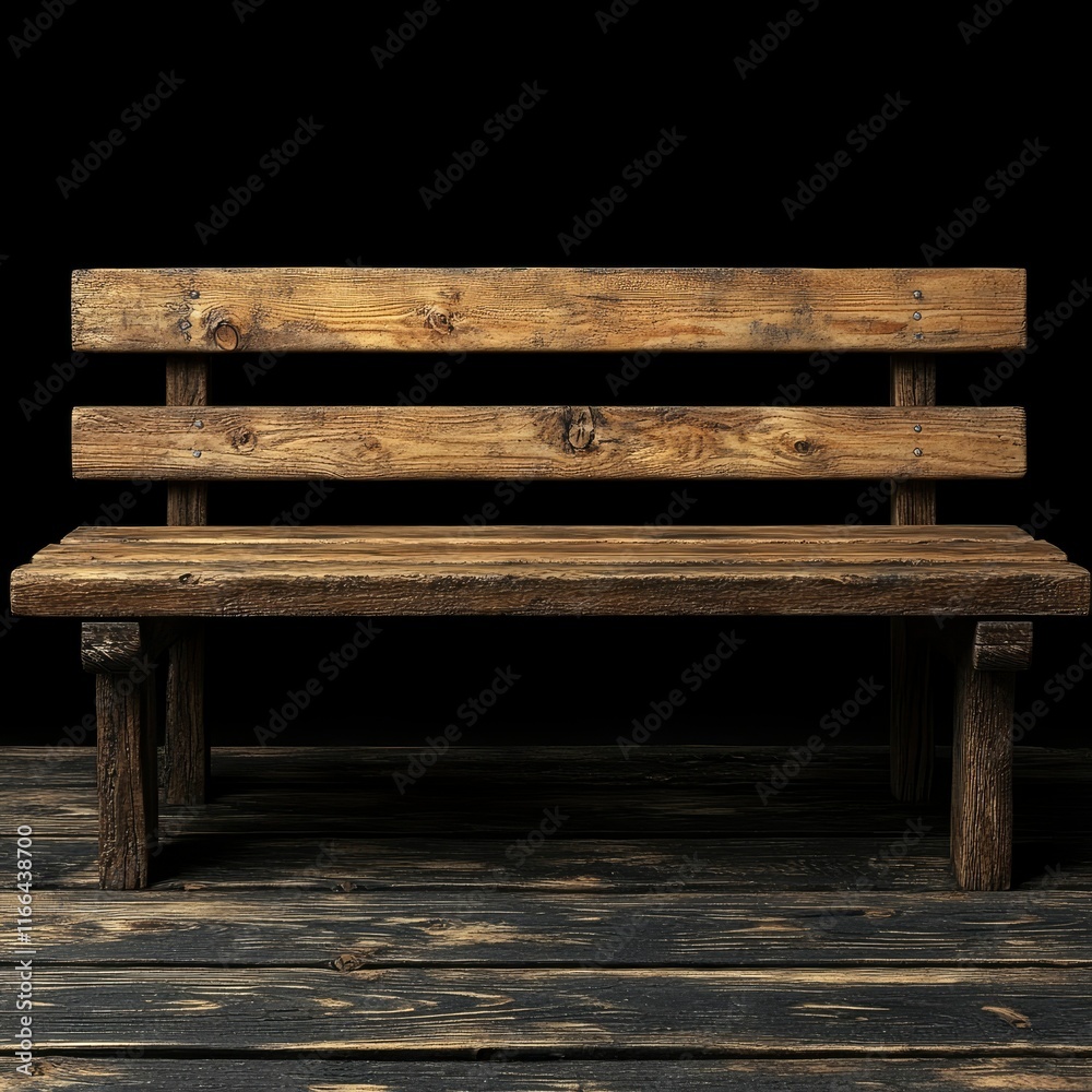 Rustic Wooden Bench on Dark Wooden Floor - Isolated on Black Background Rustic Wooden Bench on Dark Wooden Floor - Isolated on Black Background