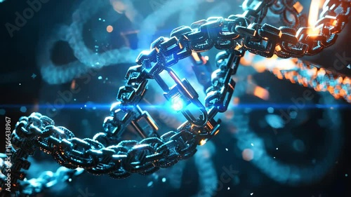 Futuristic close up of metallic chain and padlock, illuminated by blue and orange lights, showcasing strength and security in dynamic atmosphere.