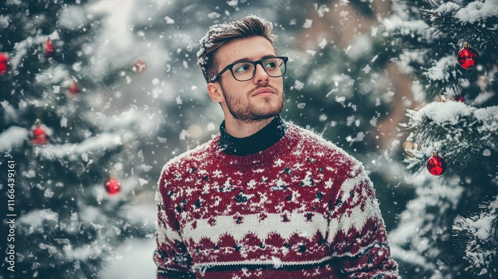 Handsome man wearing Christmas sweater in snow Handsome man wearing Christmas sweater in snow