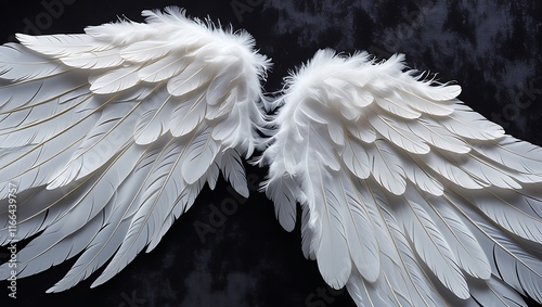 Soft white angel wing feathers overlay on black background texture with symmetrical spread photo