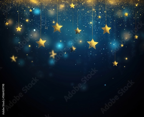  Festive Christmas and New Year Banner with Gold Stars and Shimmering Bokeh Lights on Dark Blue Background for Holiday Designs and Greeting Cards, copy space