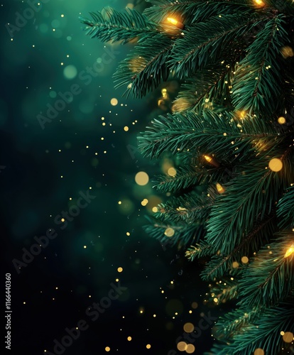 Festive Christmas Fir Branches with Bokeh Lights for Holiday Decorations and Backgrounds, Copy Space, Text space
