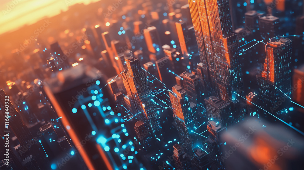 Obraz premium Smart Innovation city with connection cyber security network reciprocity over the sunset cityscape future wireless digital city and social media networking systems that connects people in the city