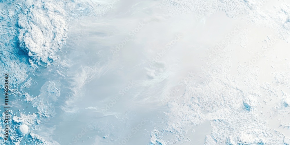 Fototapeta premium A serene aerial view of icy terrain, showcasing a blend of white snow and blue glacial patterns under soft lighting.