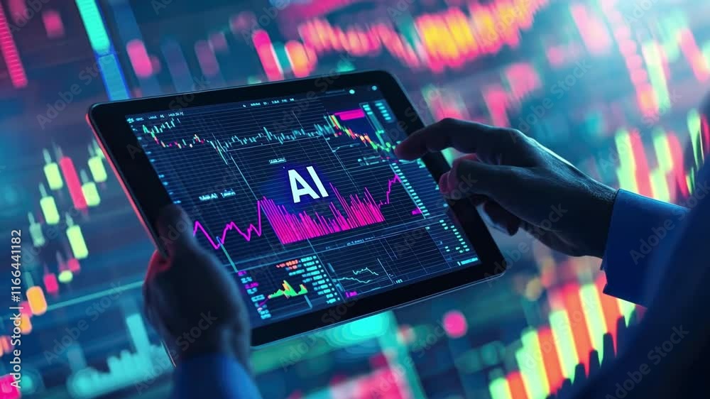  artificial intelligence technology for trading and market analysis on a tablet with a chart. The text 