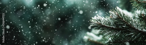 Snow-Covered Evergreen Branch Closeup in Forest with Text Space - Winter Nature Background