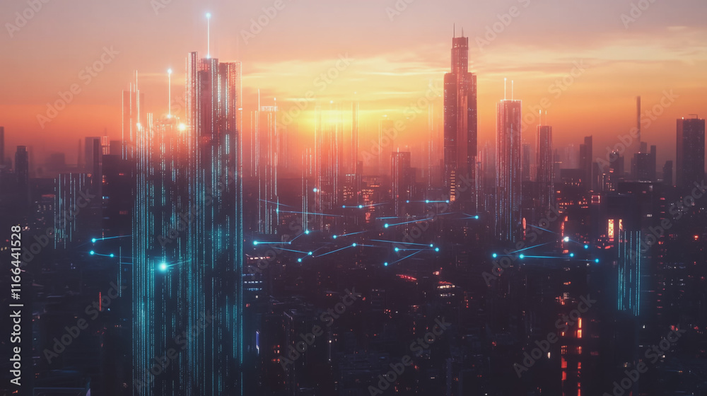 Fototapeta premium Smart Innovation city with connection cyber security network reciprocity over the sunset cityscape future wireless digital city and social media networking systems that connects people in the city