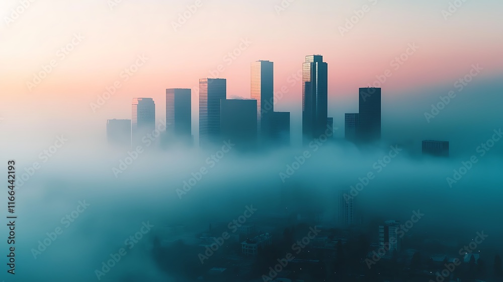 Fototapeta premium A misty skyline at dawn, with skyscrapers rising above the fog, creating a serene and ethereal urban landscape.