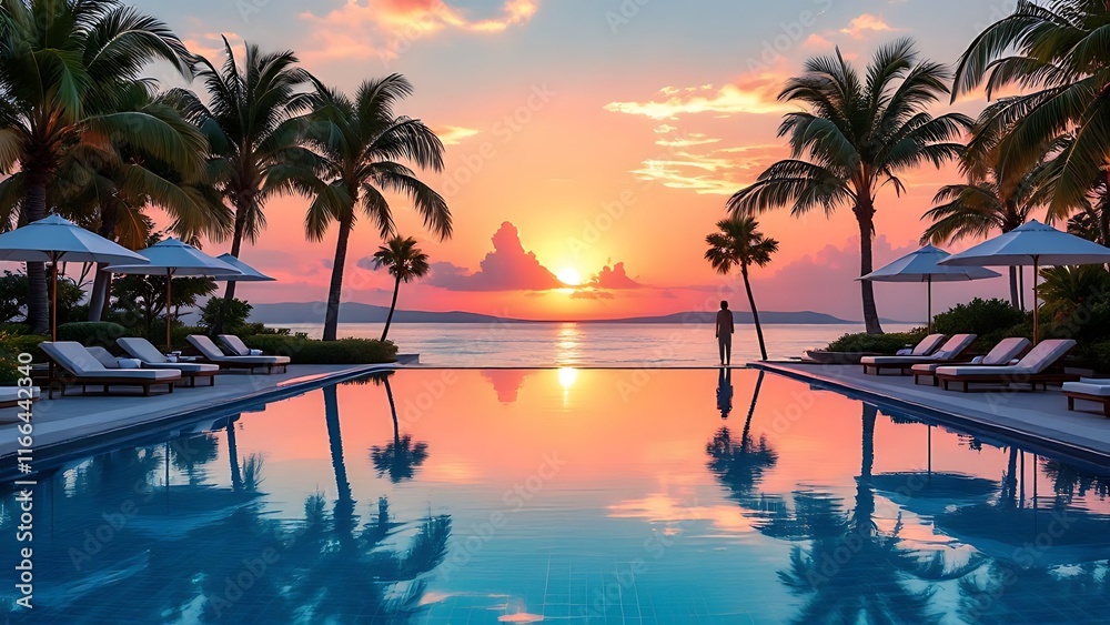 Fototapeta premium luxurious umbrella and chair arrangement around sparkling outdoor swimming pool of resort, with majestic coconut palm trees standing early morning