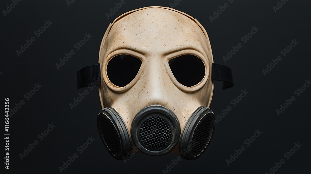 A close-up view of a gas mask, featuring prominent lenses and filters, set against a dark background, symbolizing protection and survival in hazardous environments. A close-up view of a gas mask, featuring prominent lenses and filters, set against a dark background, symbolizing protection and survival in hazardous environments.