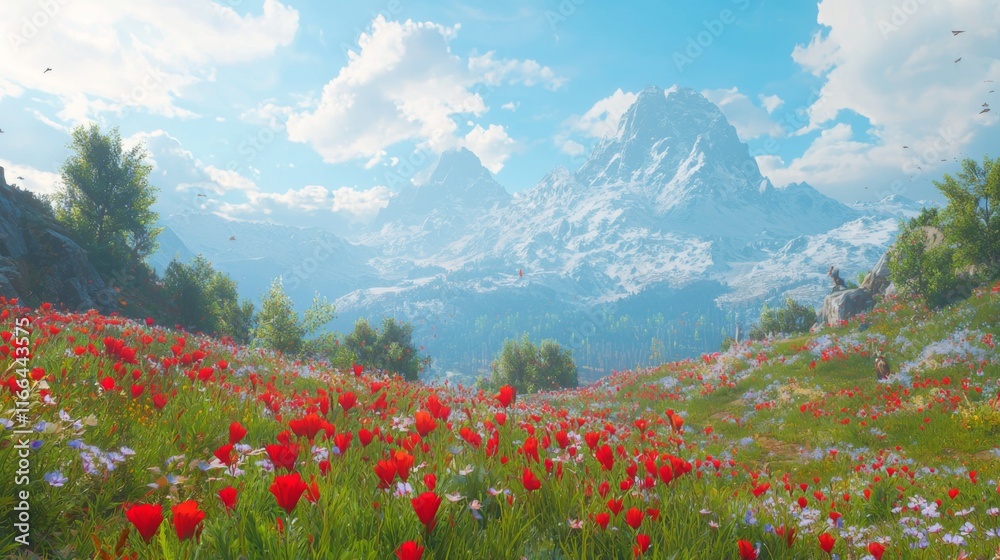 Serene Mountain Meadow Wildflowers Peaks Sky
