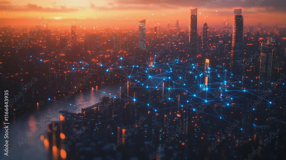 Fototapeta premium Smart Innovation city with connection cyber security network reciprocity over the sunset cityscape future wireless digital city and social media networking systems that connects people in the city