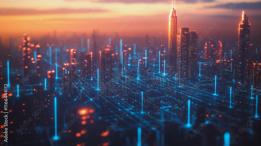 Fototapeta premium Smart Innovation city with connection cyber security network reciprocity over the sunset cityscape future wireless digital city and social media networking systems that connects people in the city